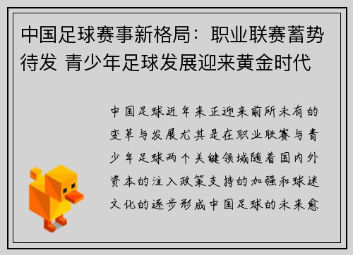 中国足球赛事新格局：职业联赛蓄势待发 青少年足球发展迎来黄金时代