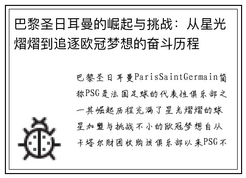 巴黎圣日耳曼的崛起与挑战：从星光熠熠到追逐欧冠梦想的奋斗历程