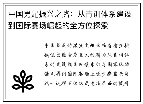 中国男足振兴之路：从青训体系建设到国际赛场崛起的全方位探索